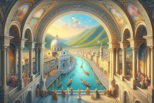 Città fantasia rinascimentale con canali e gondole.