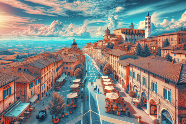 Paesaggio urbano italiano storico al tramonto.