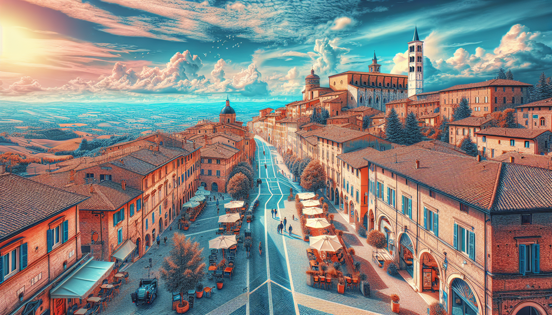 Paesaggio urbano italiano storico al tramonto.