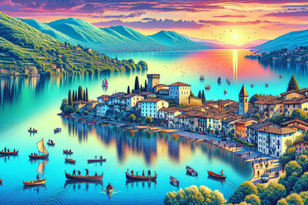 Illustrazione colorata di un tramonto sul Lago di Garda.