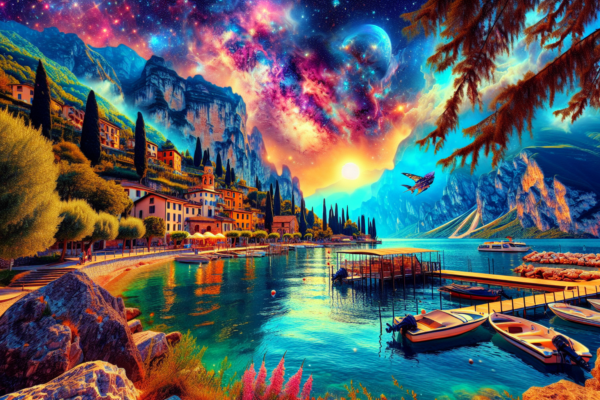 Paesaggio surreale lago con cielo cosmico e barche.