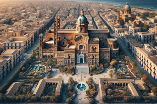 Cattedrale storica con giardini in città europea al tramonto.