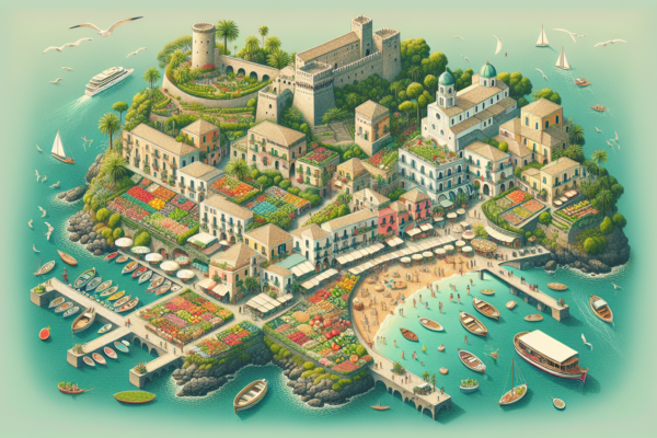 Illustrazione dettagliata di un'isola mediterranea stilizzata.