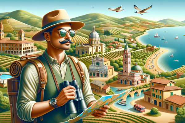 Explorer with map in illustrated Tuscan landscape.