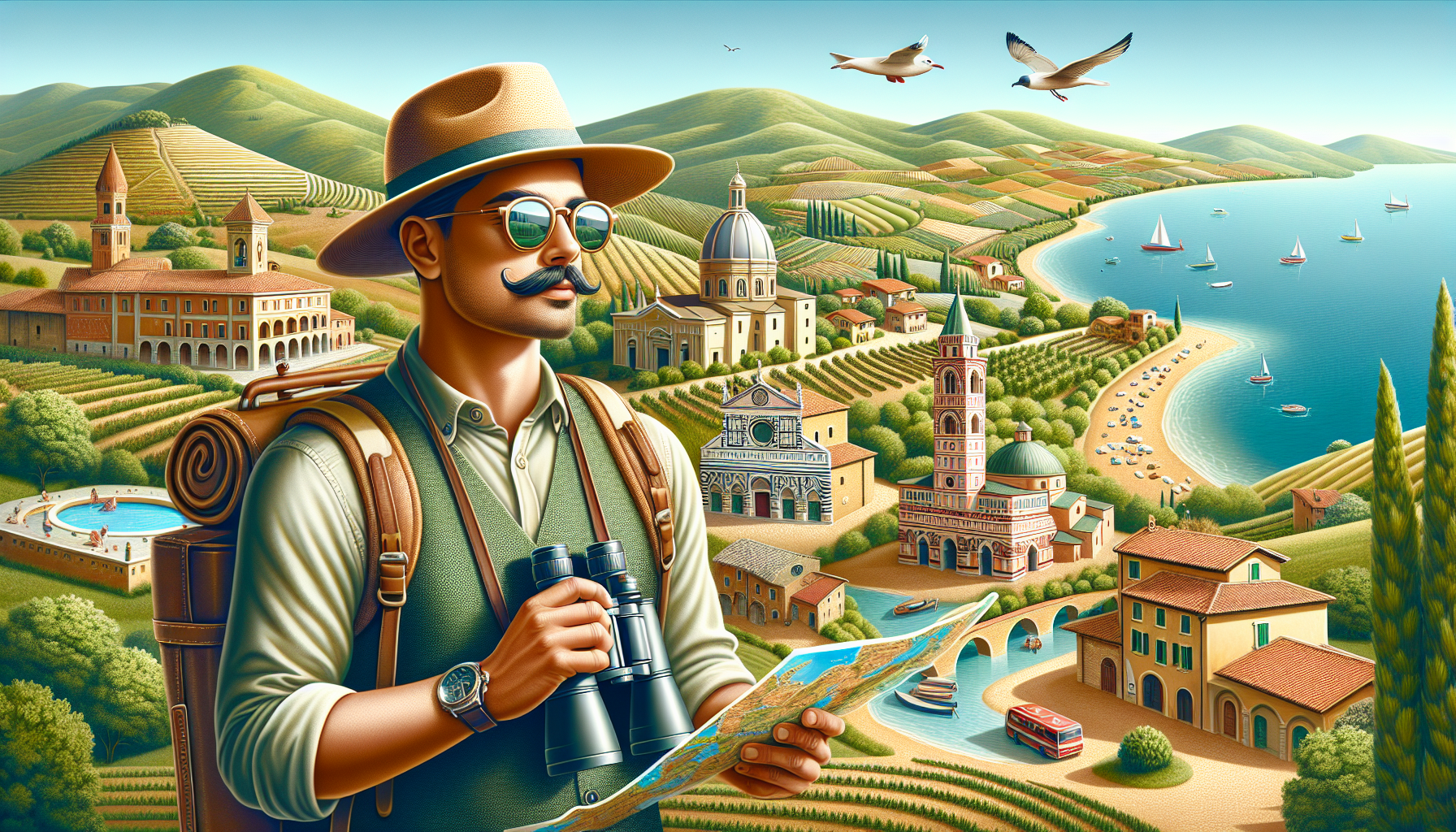 Esploratore con mappa in paesaggio toscano illustrato.