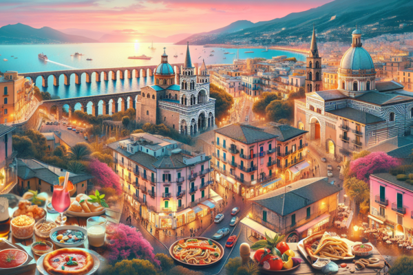 Panorama cittadino italiano all'ora del tramonto.