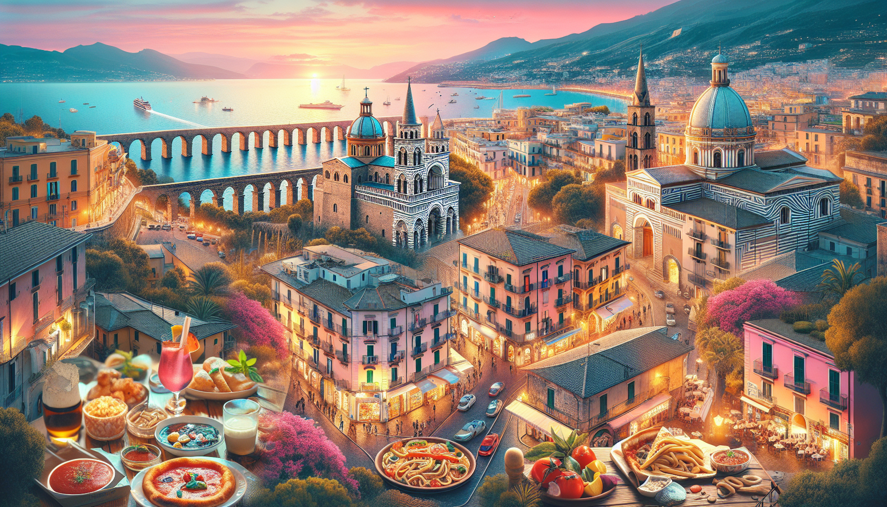 Panorama cittadino italiano all'ora del tramonto.