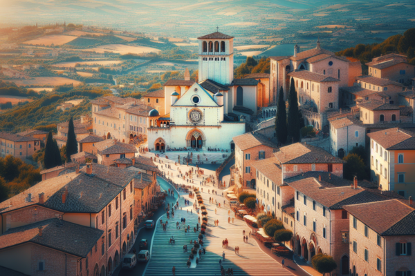 Assisi, piazza con Basilica di San Francesco, tramonto.