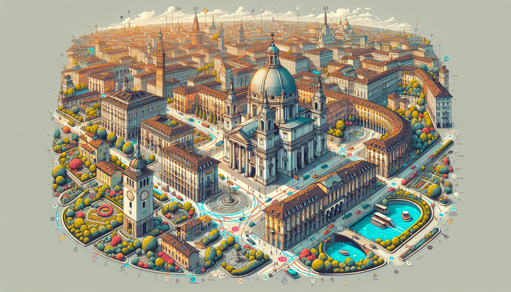 Illustrazione stilizzata di città europea animata.