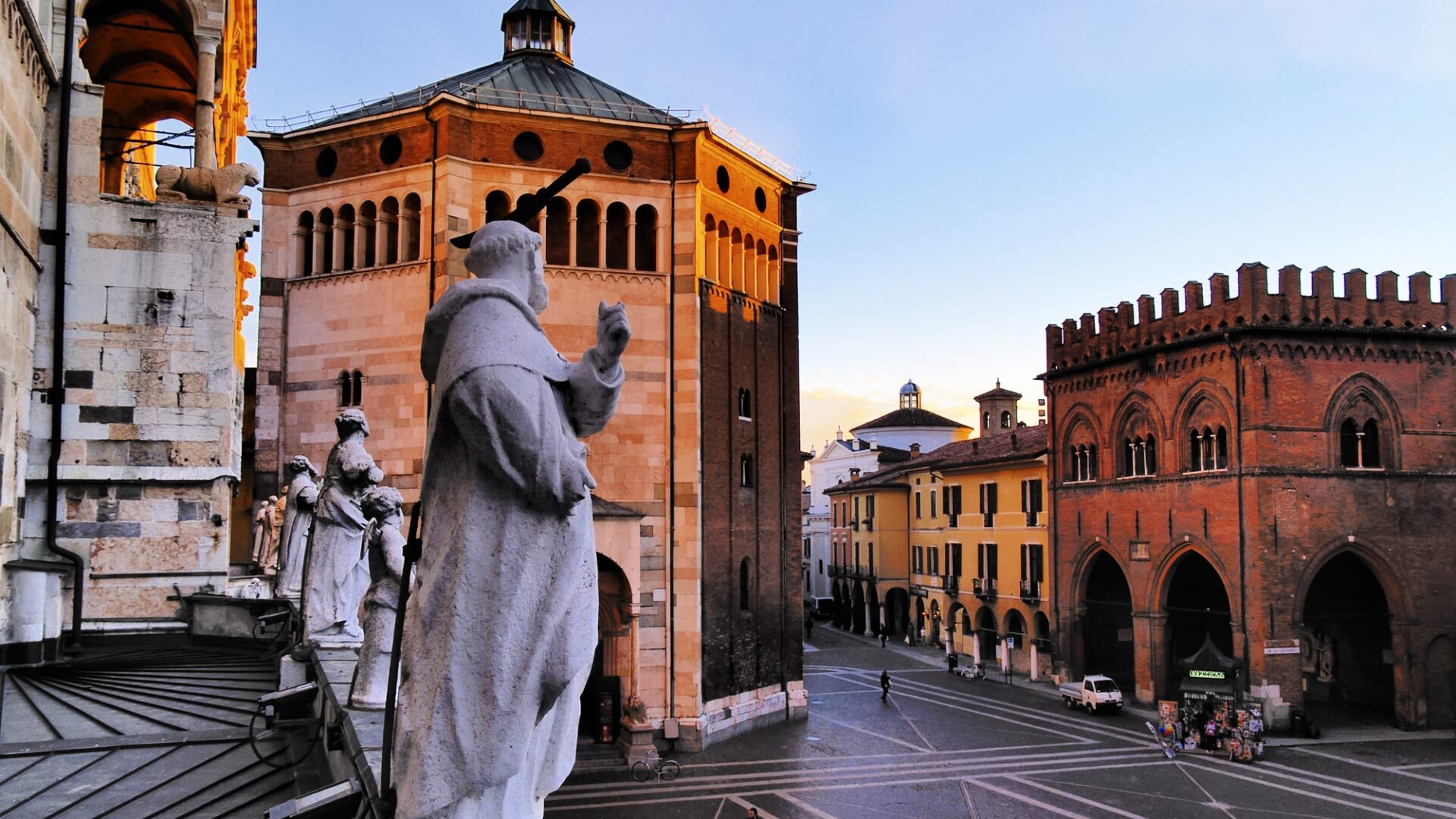 Piazza del Duomo in Cremona at sunset.