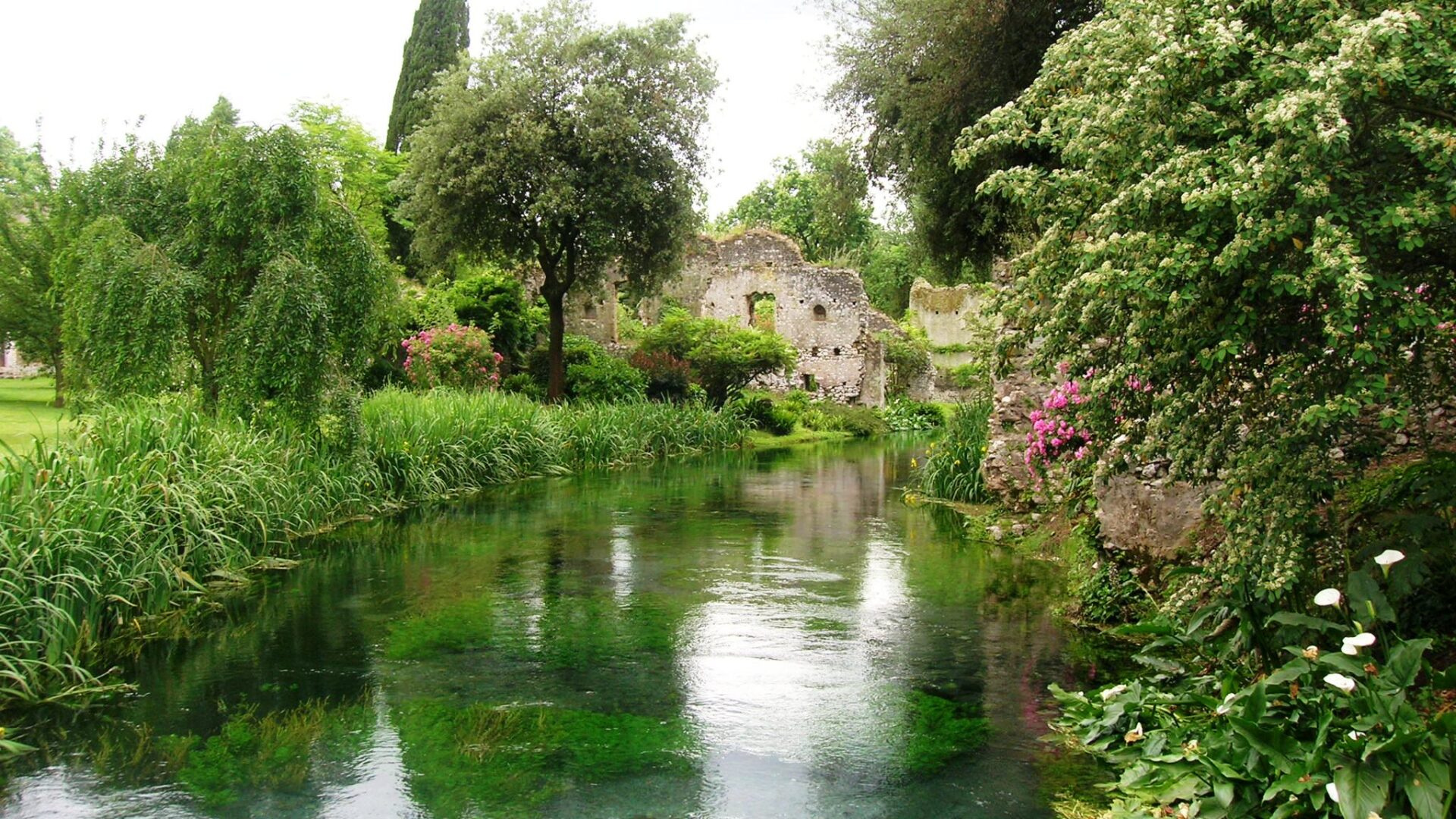 Giardino fiorito con rovine e fiume.