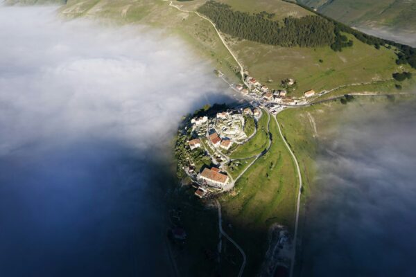 Aerial view of the town of Castelluccio di Norcia devastated by earthquake