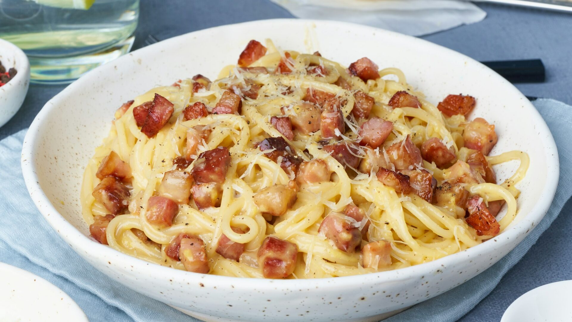 Carbonara pasta. Spaghetti with pancetta