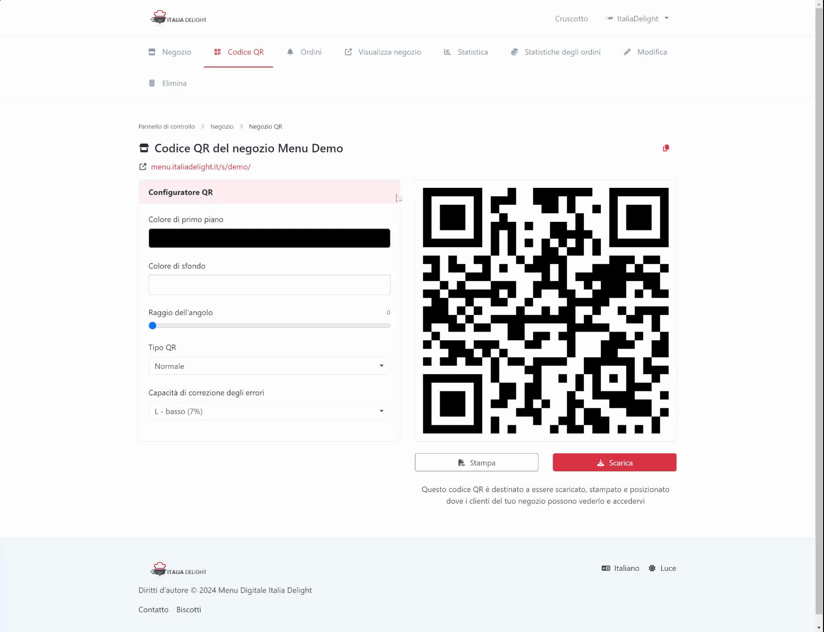 Codice QR per menu digitale.