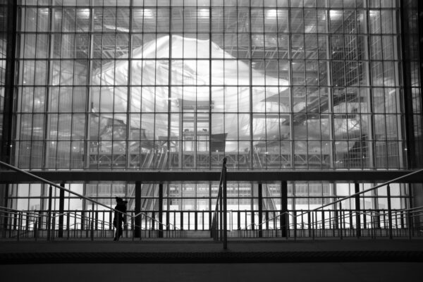 Silhouette umana davanti a moderna facciata vetrata in bianco e nero.