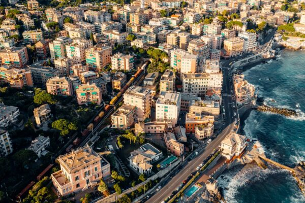 Aerial view over coast of Liguria, beach in Quarto dei Mille by Genova, Italy.