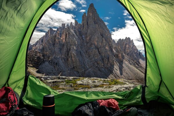 Camping in tent at Tre Cime in Dolomites, Italy