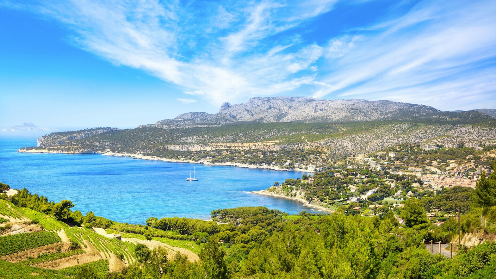Cassis bay from route des cretes scenic road. Cote Azur, Provence, France.