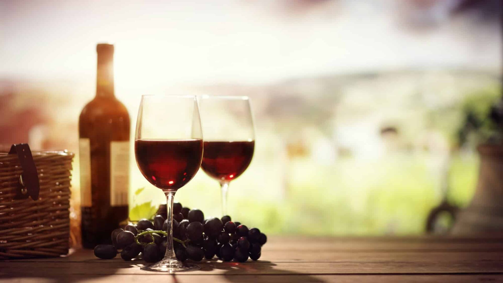 Red wine bottle and glass on table in vineyard Tuscany Italy
