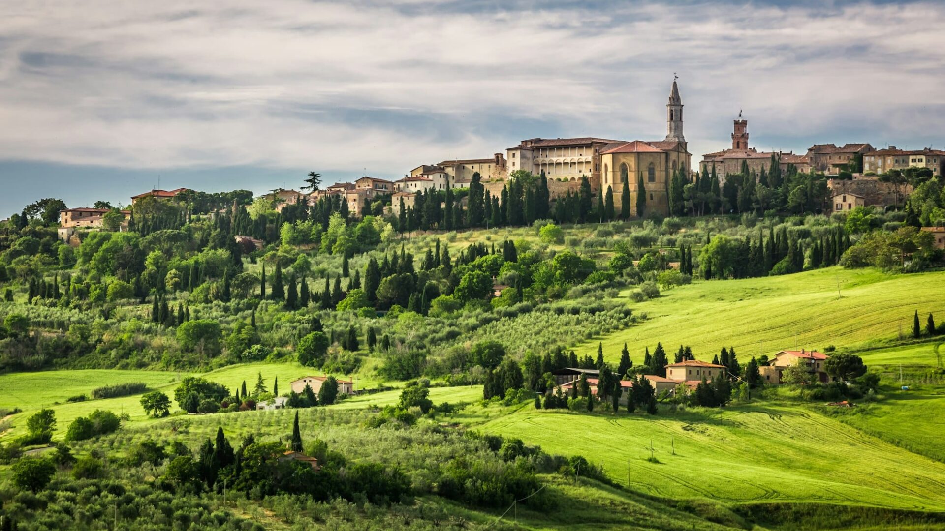 View of the town of Pienza at sunset