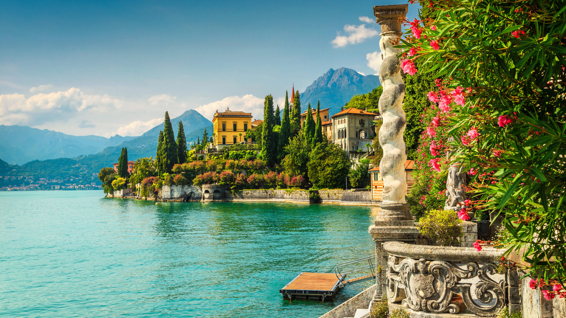 Italian lake with villas and mountains.
