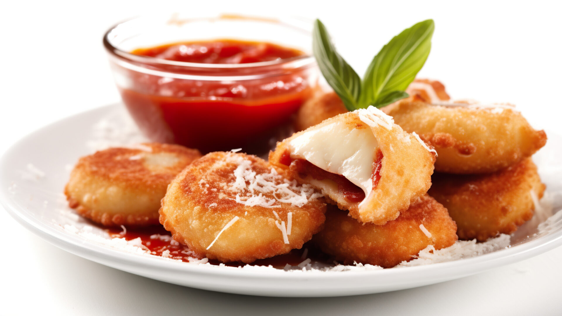 Ravioli fritti con salsa di pomodoro e basilico.