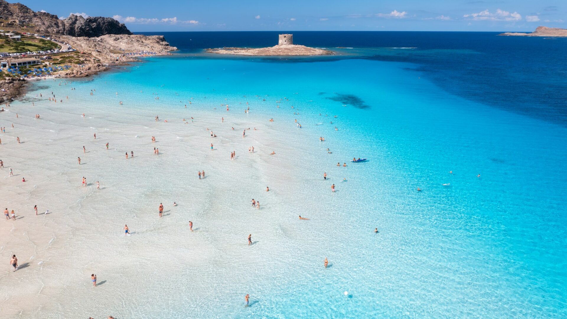 Aerial view of famous La Pelosa beach at sunny summer day