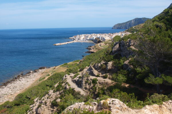 Panoramablick auf die Mittelmeerküste mit Vegetation.