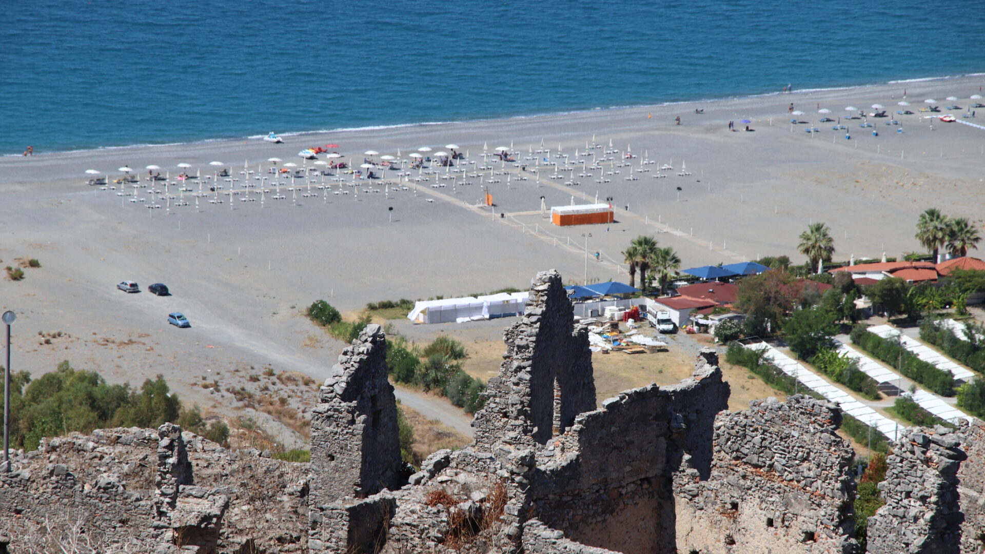 Vista della grande spiaggia e della costa di Diamante, Diamante, Distretto di Cosenza, Calabria, Italia, Europa.