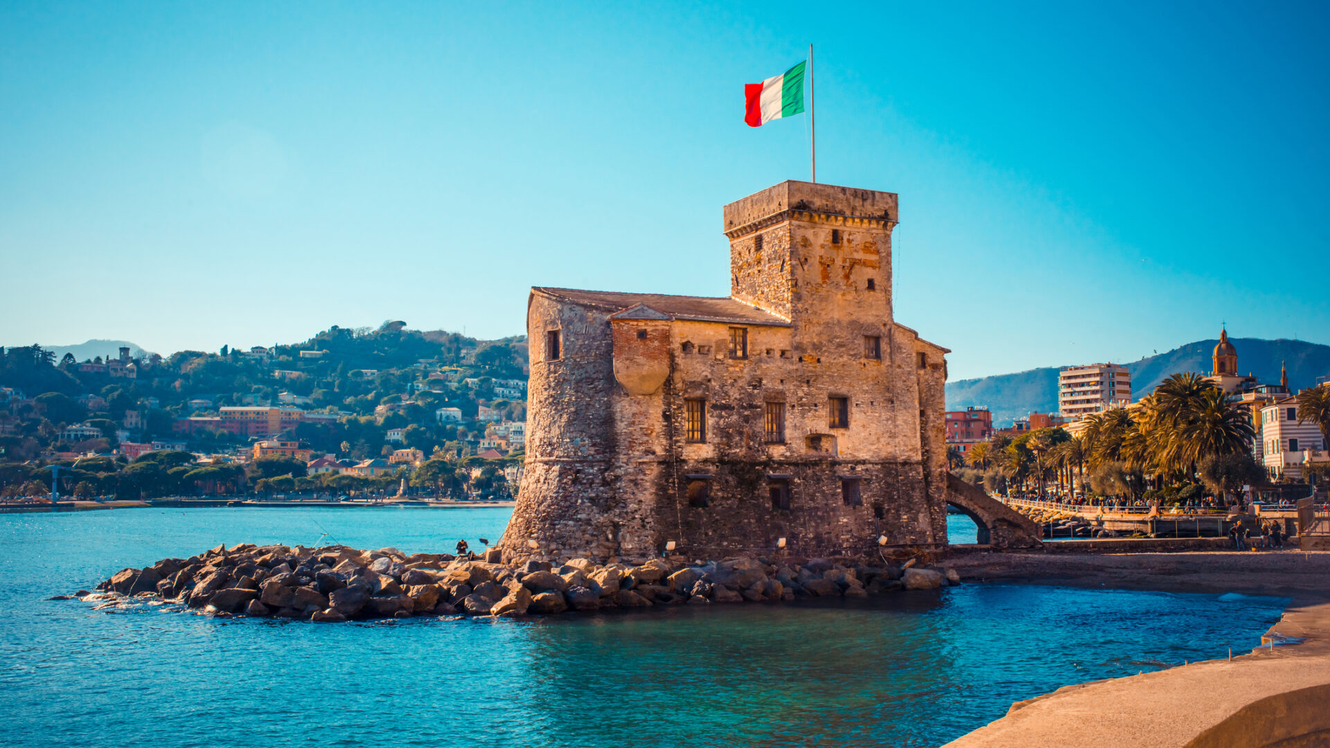 Rapallo, the medieval castle on the sea. Travel destination near Genoa, region Liguria, Italy