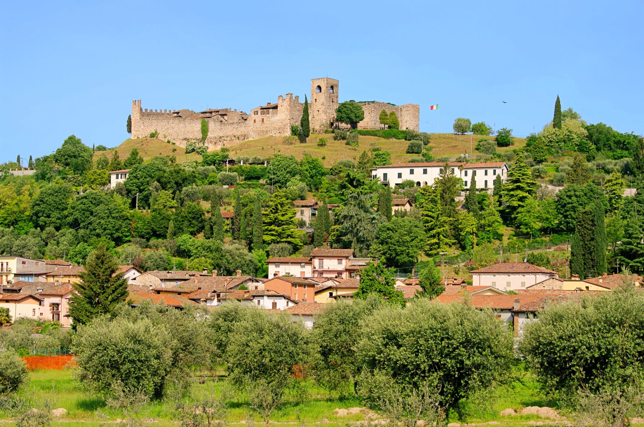 Castello antico su collina verde, Italia