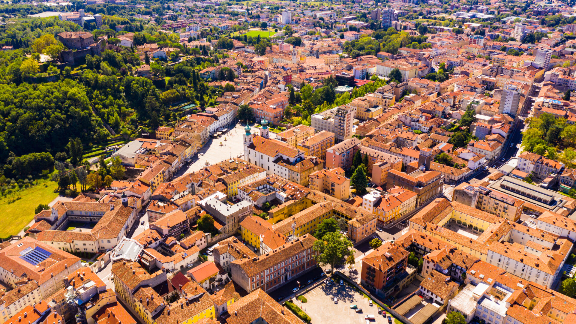 Coloured aerial view of the historic Italian city