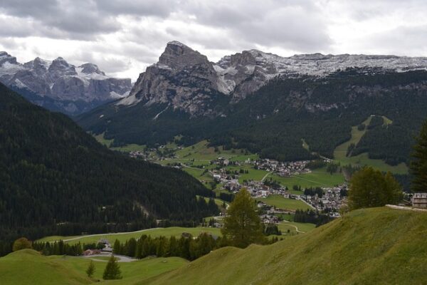 Paesaggio montano con villaggio e foresta alpina