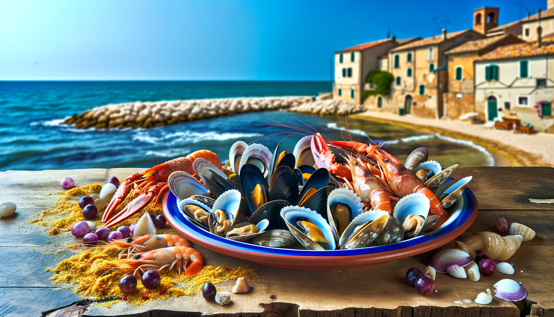 Piatto di frutti di mare freschi con cozze, vongole, gamberi e scampi su un tavolo di legno con vista sul mare e case tipiche delle Marche