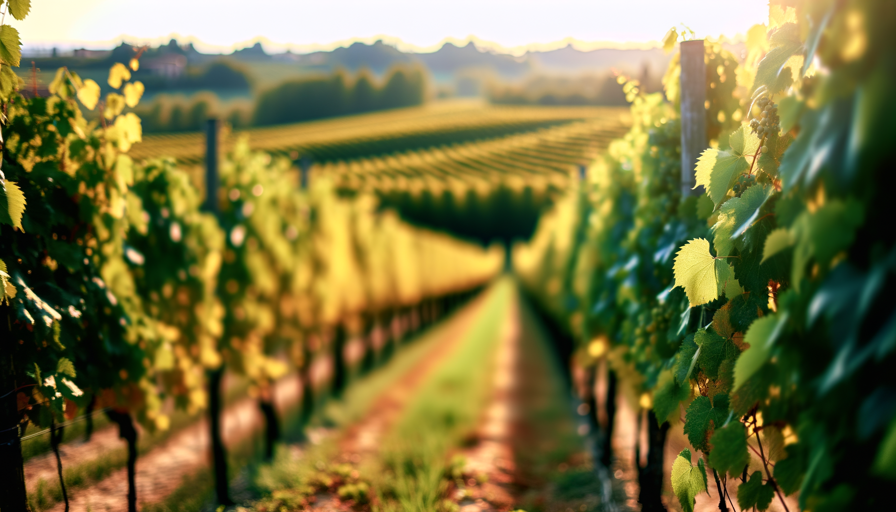 Vigneto italiano al tramonto con filari di viti rigogliose illuminate dalla luce calda del sole