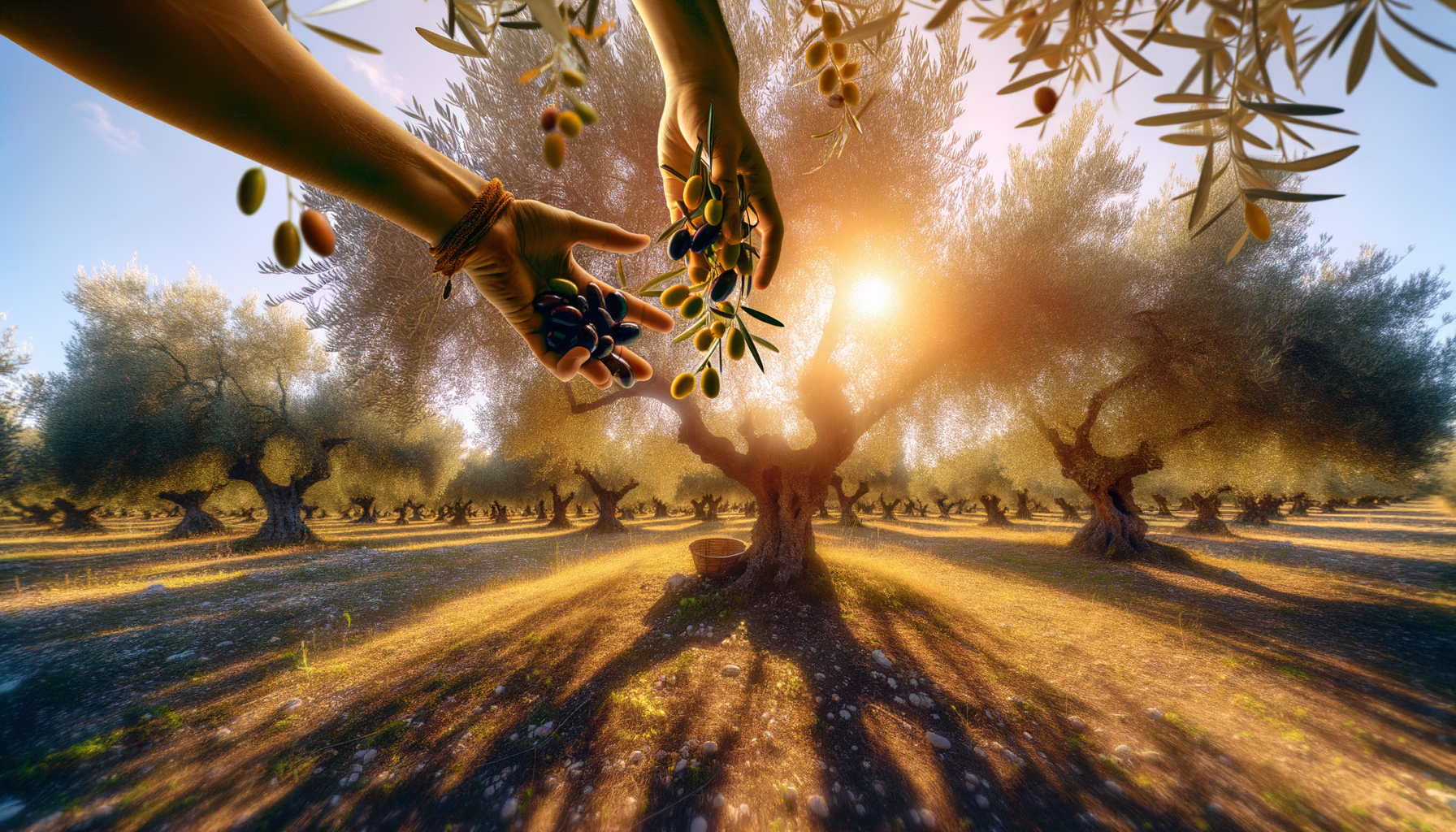 Mani che raccolgono olive mature in un uliveto pugliese al tramonto, atmosfera calda e autunnale