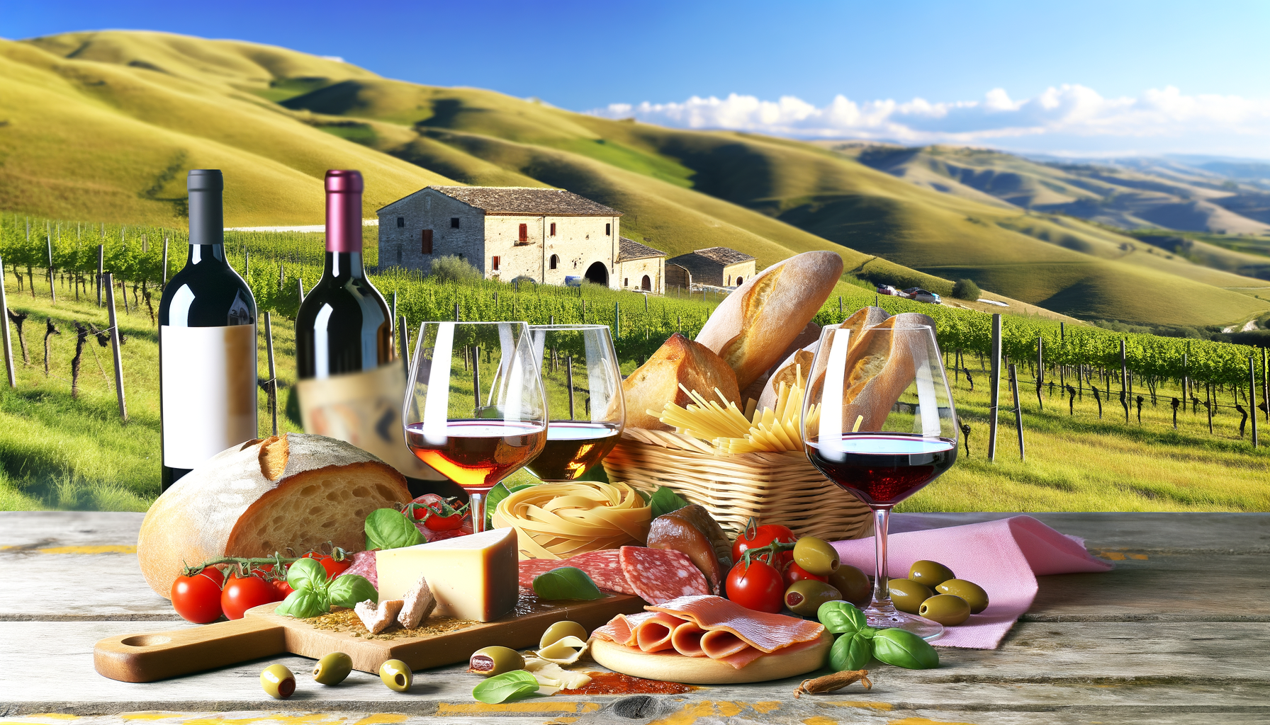 Tavola con vini, formaggi, salumi, pane e pasta tipici di itinerari enogastronomici Molise in un paesaggio collinare molisano