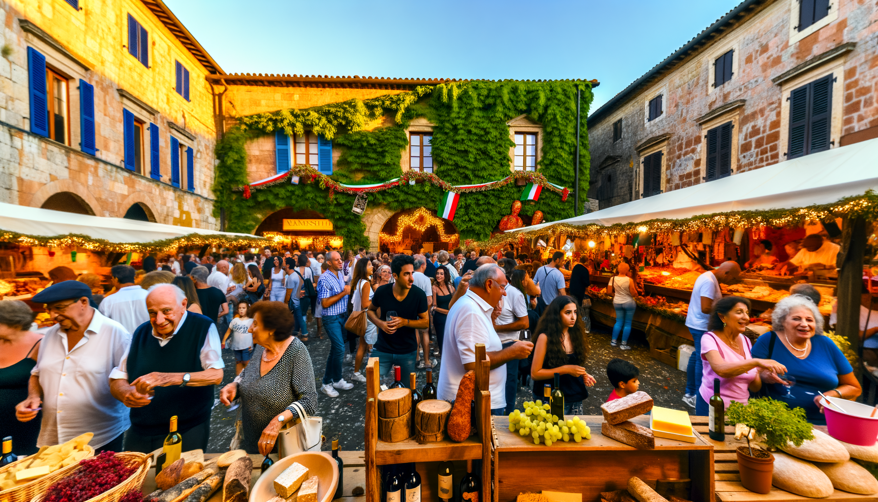 Folla di persone che partecipano a una vivace sagra enogastronomica in Italia con prodotti tipici esposti e decorazioni tradizionali