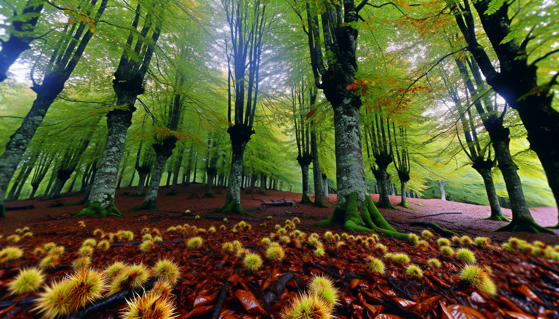 Castagneto autunnale nell’Appennino con ricci di castagne sul terreno coperto di foglie