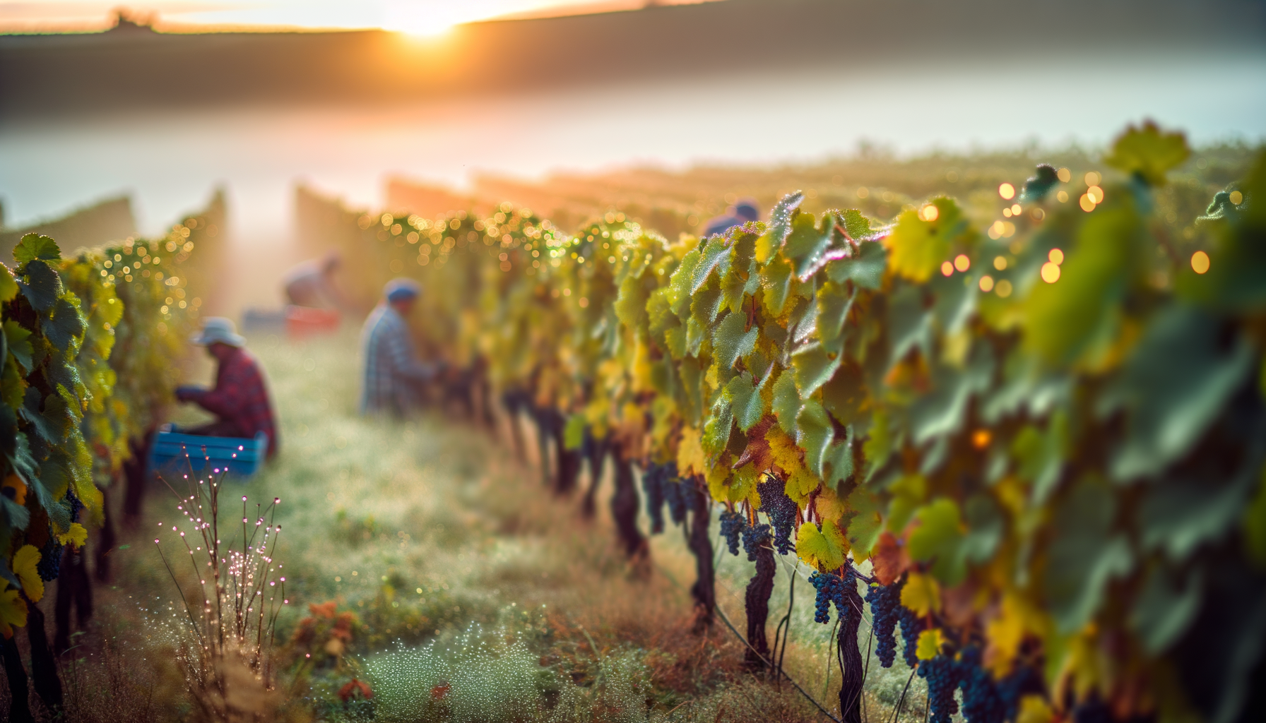 Vendemmiatori raccolgono uva in una vigna al tramonto con grappoli maturi e foglie verdi e gialle