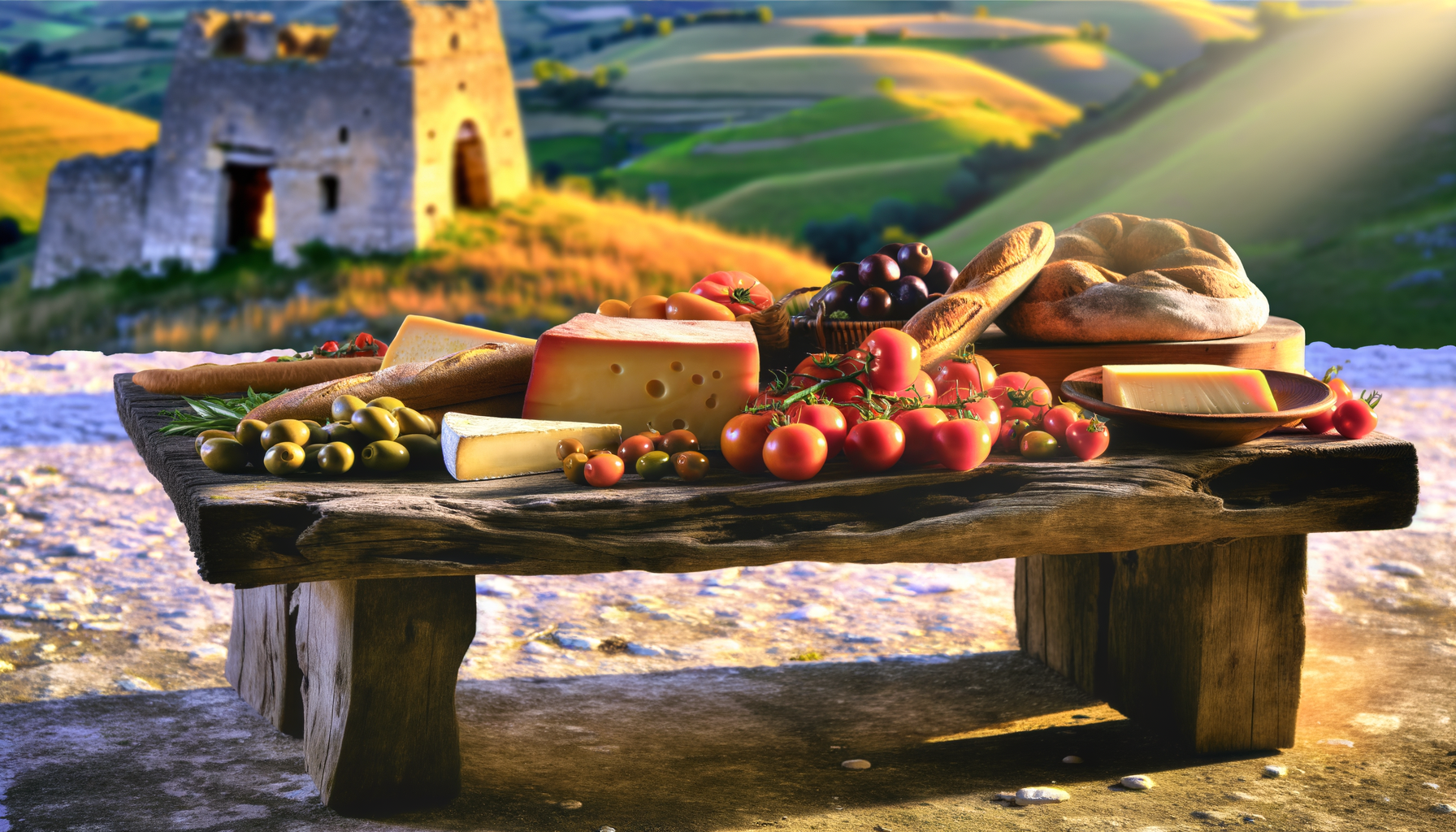 Tavola rustica con formaggi, pomodori, olive e pane tipici nei percorsi del gusto Basilicata, con paesaggio collinare sullo sfondo