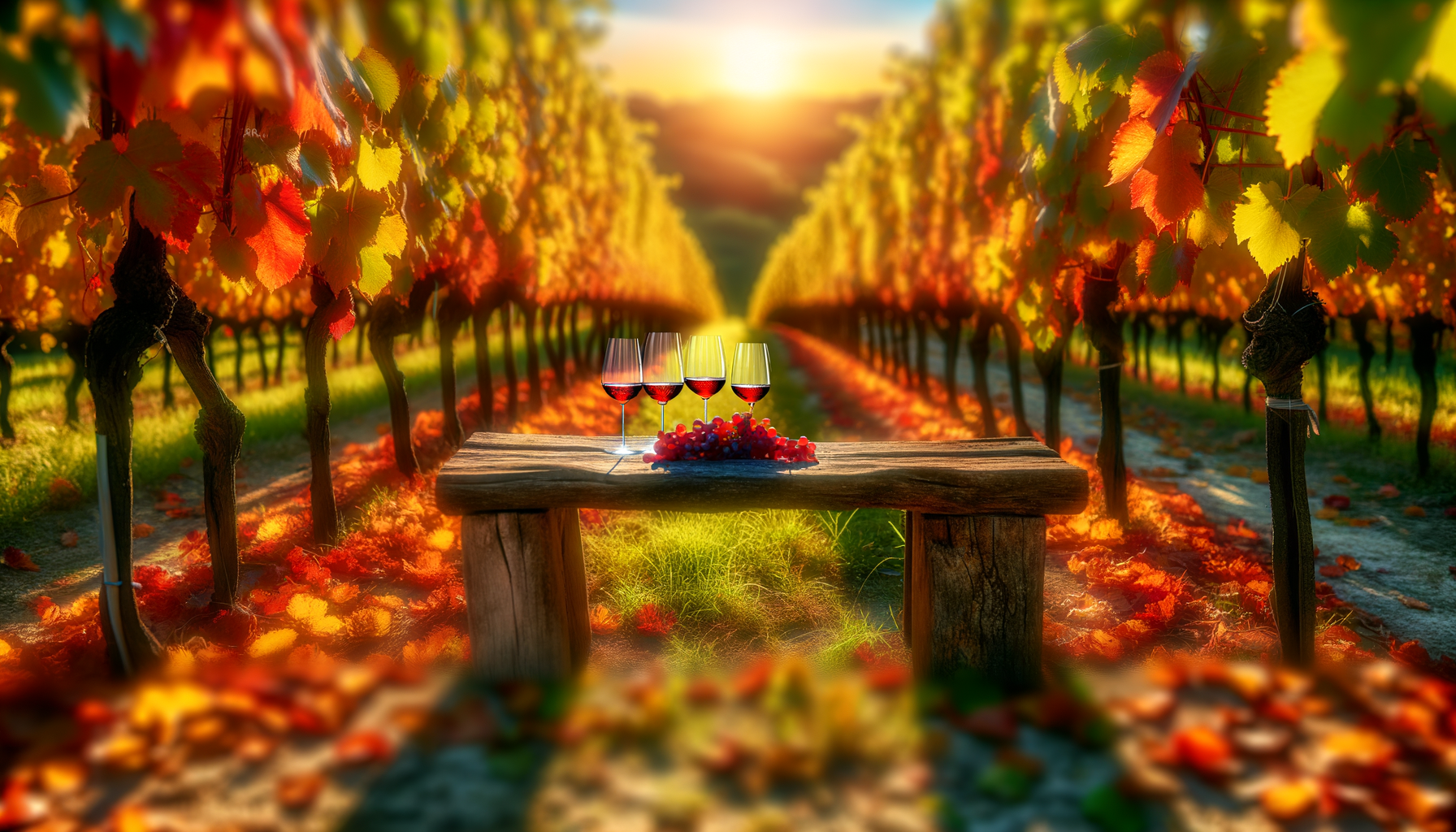 Filari di vigneti in autunno con foglie dai colori caldi e quattro calici di vino rosso su una panca di legno