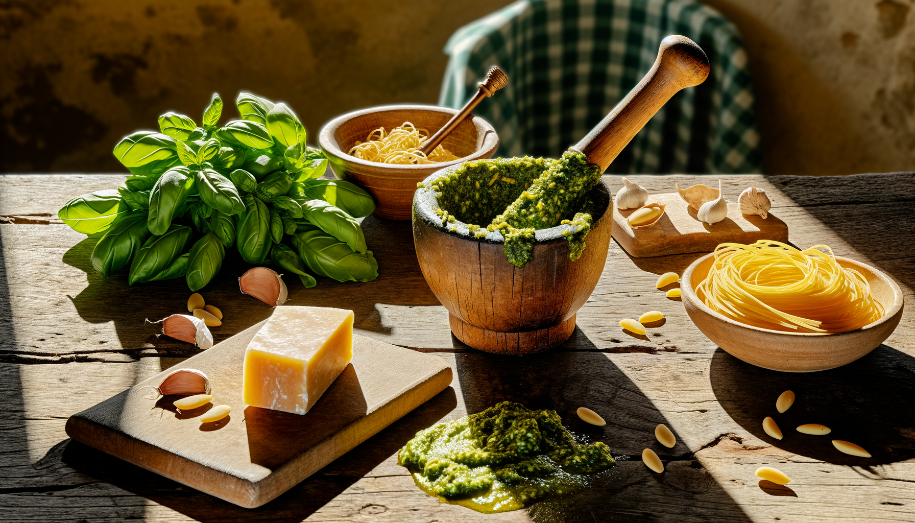 Ingredienti freschi per il pesto genovese tradizionale con basilico, aglio, pinoli, formaggio e pasta su tavolo rustico di legno