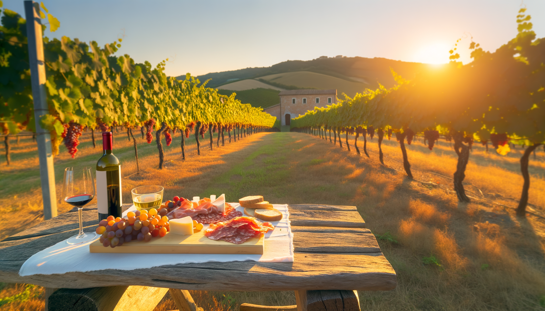 Tavolo rustico con tagliere di salumi, formaggi, uva e vino rosso in un vigneto al tramonto, itinerari enogastronomici Molise