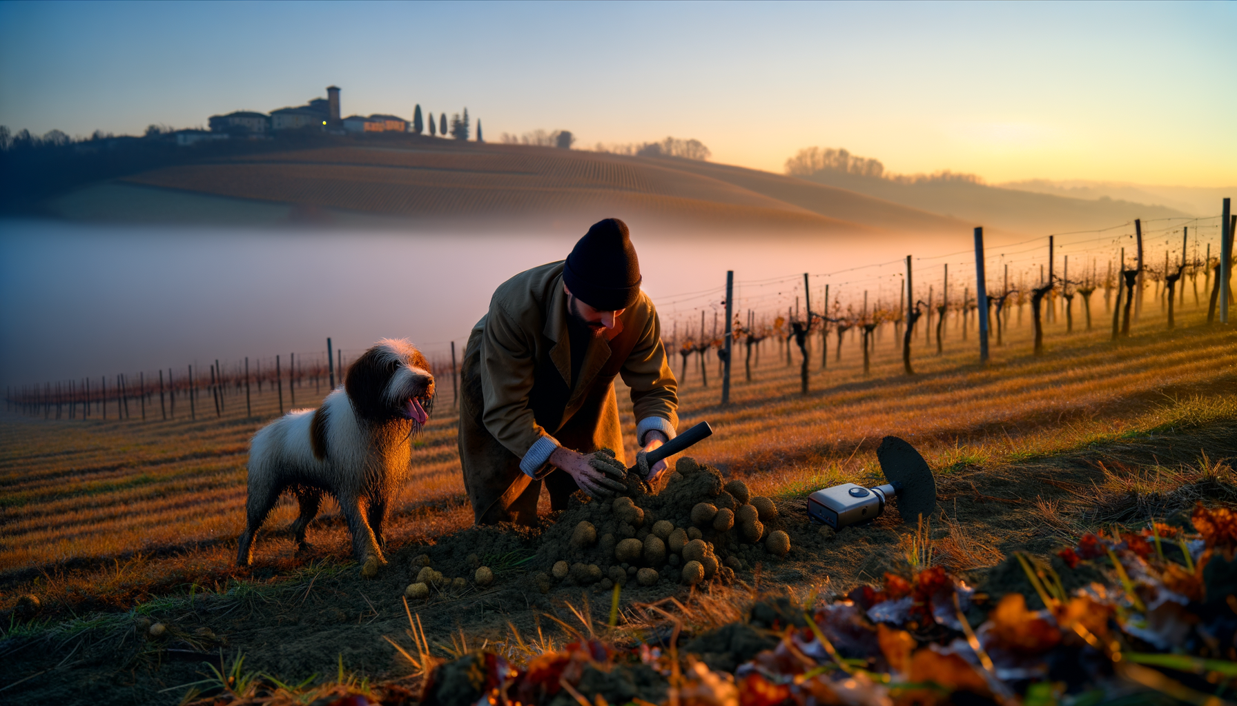 Tartufaio con cane che cerca tartufi in un vigneto al tramonto nelle colline di Alba