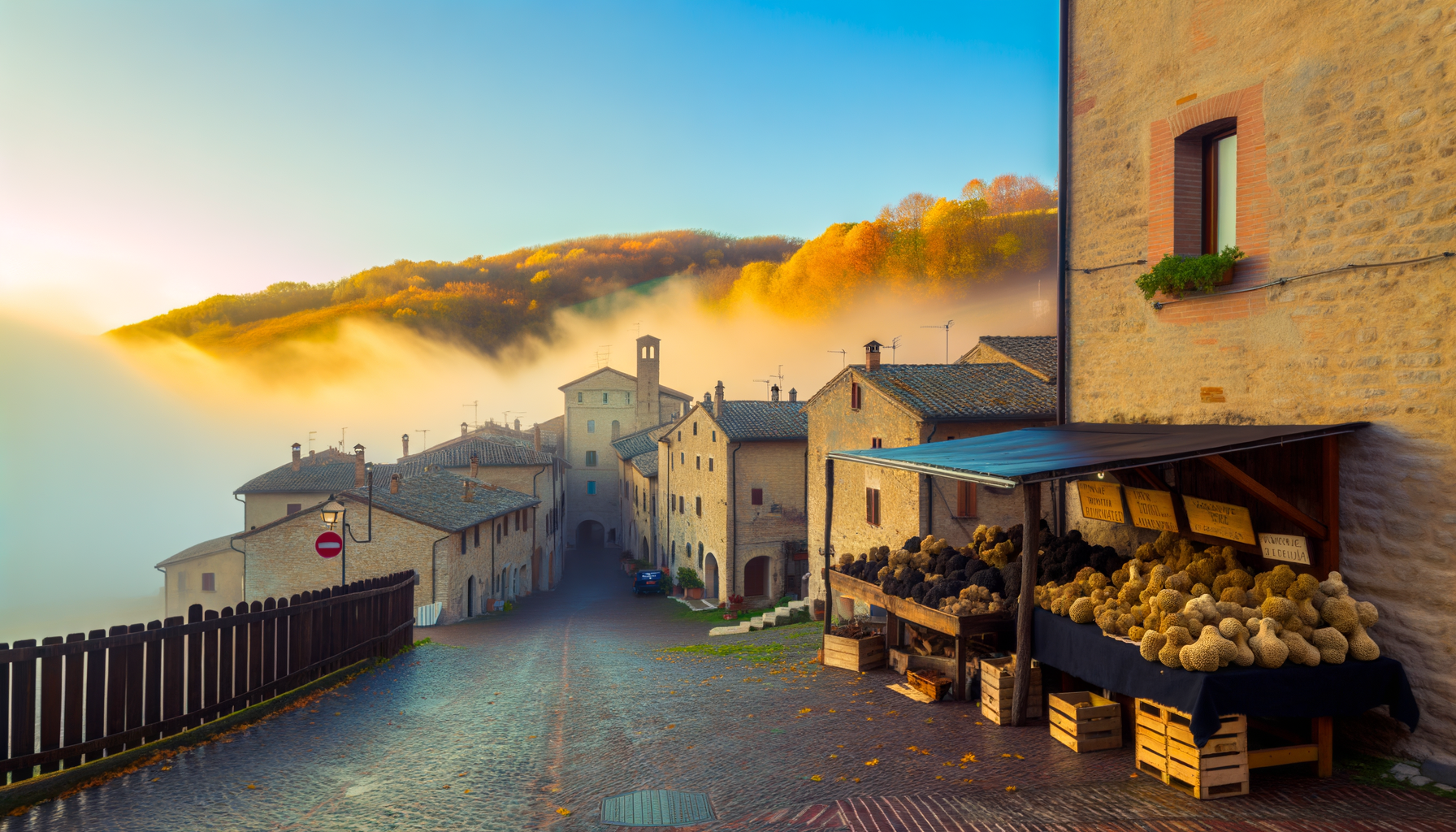 Bancarella di tartufi in un borgo medievale italiano avvolto dalla nebbia mattutina e dal sole autunnale