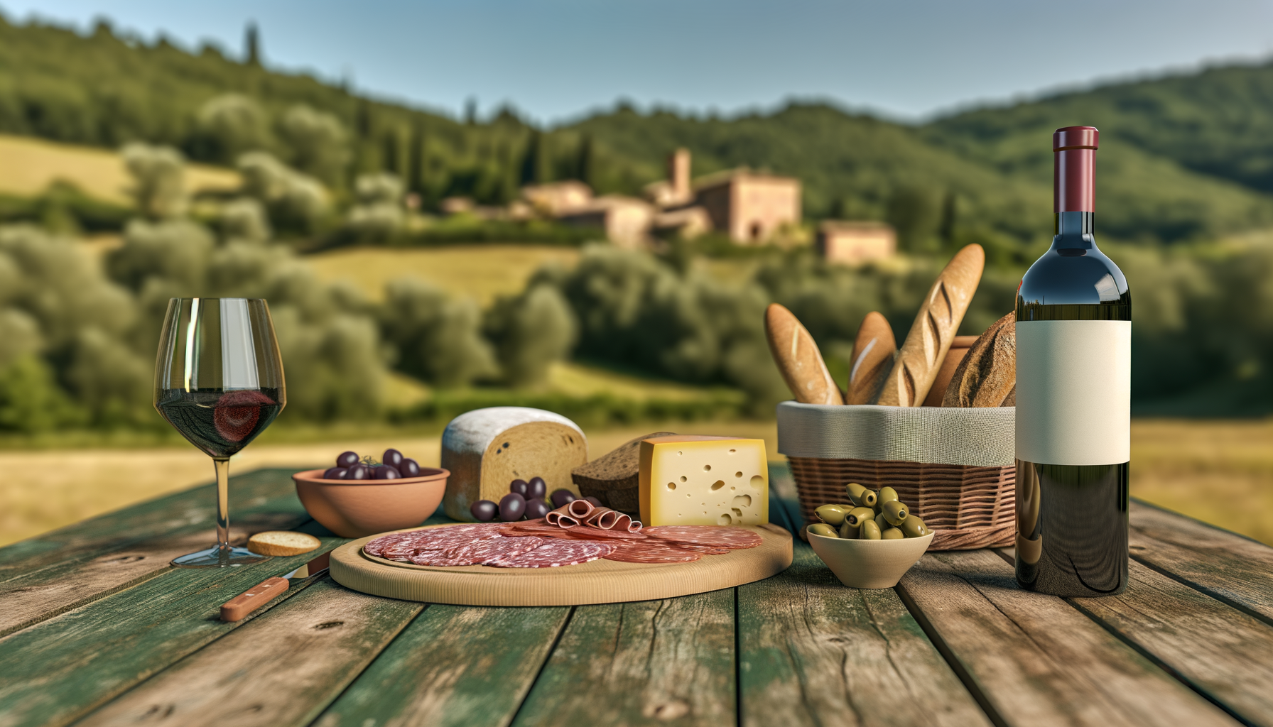 Bottiglia di vino rosso, bicchiere, salumi, formaggi e pane su tavolo di legno con paesaggio collinare molisano sullo sfondo