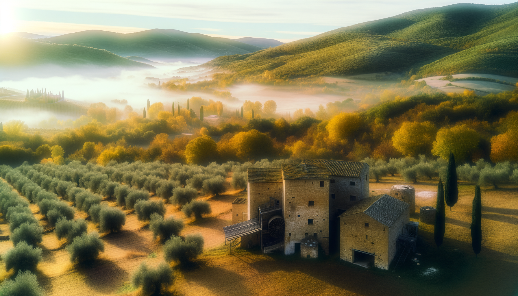 Panorama mattutino di un frantoio antico immerso in uliveti e colline verdi con nebbia leggera in Umbria