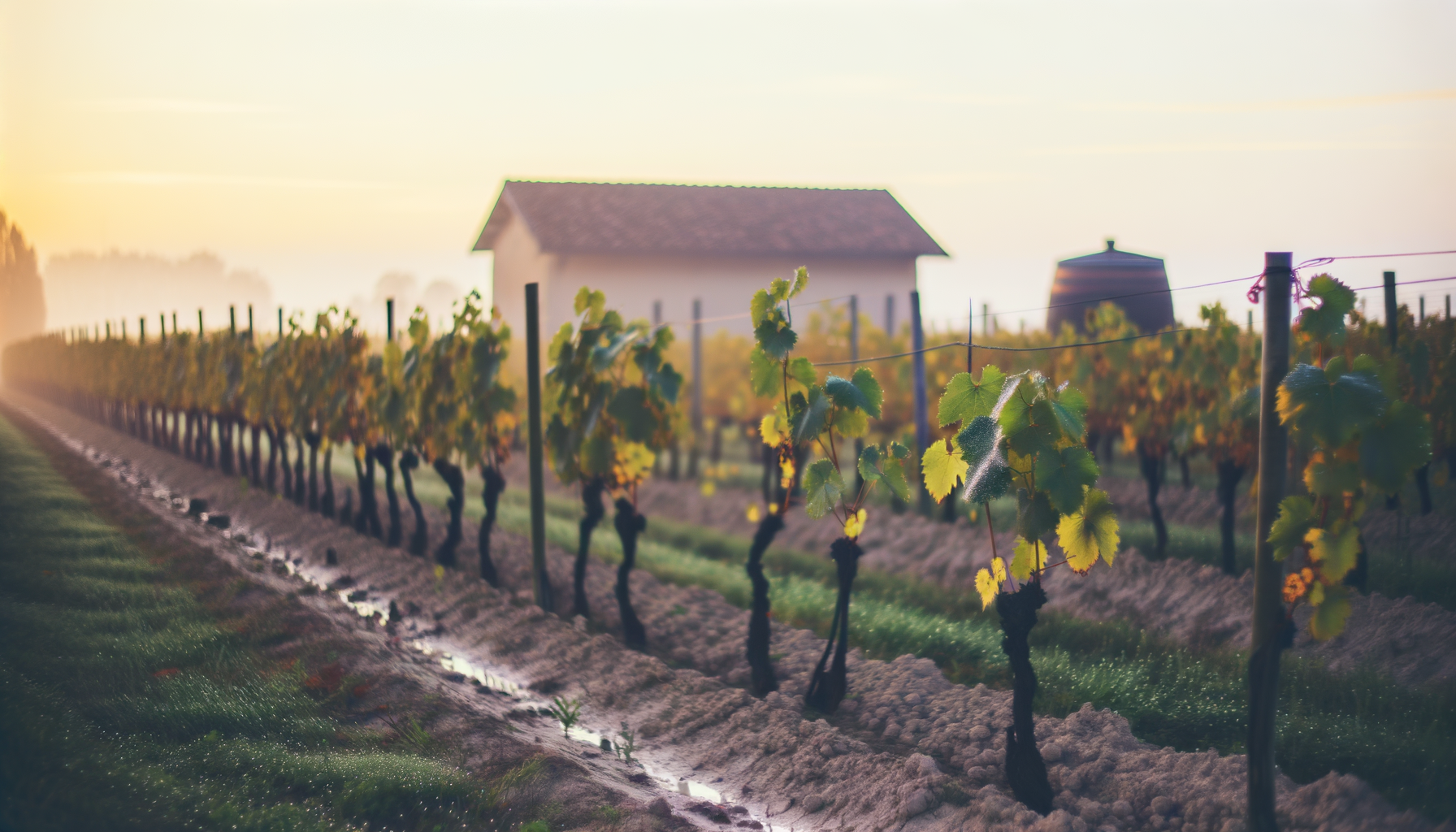 Filari di viti in un vigneto italiano al tramonto con luce soffusa e una casa sullo sfondo