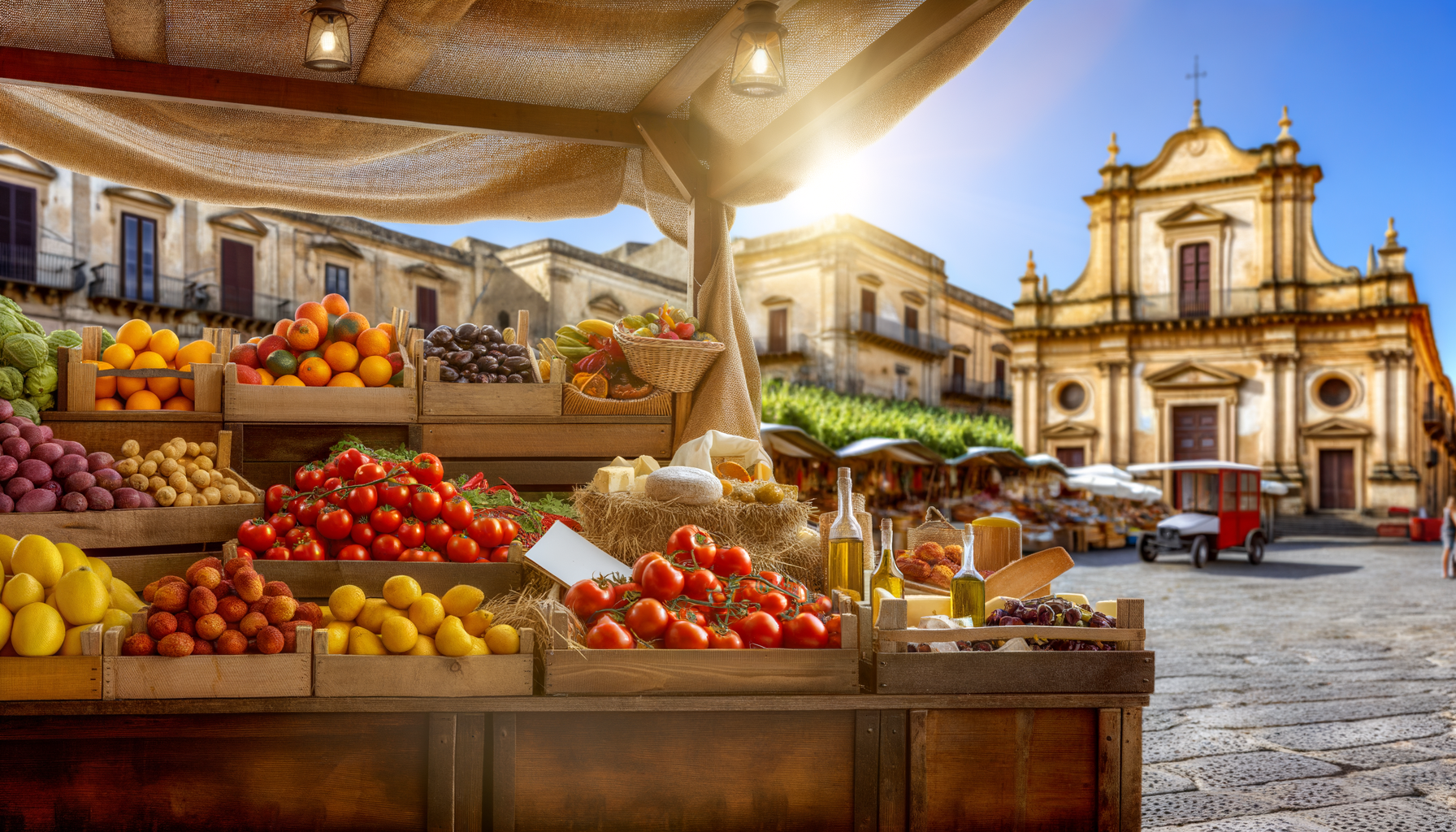 Bancarella di frutta, verdura e prodotti locali tipici durante un tour gastronomico in Val di Noto sotto il sole